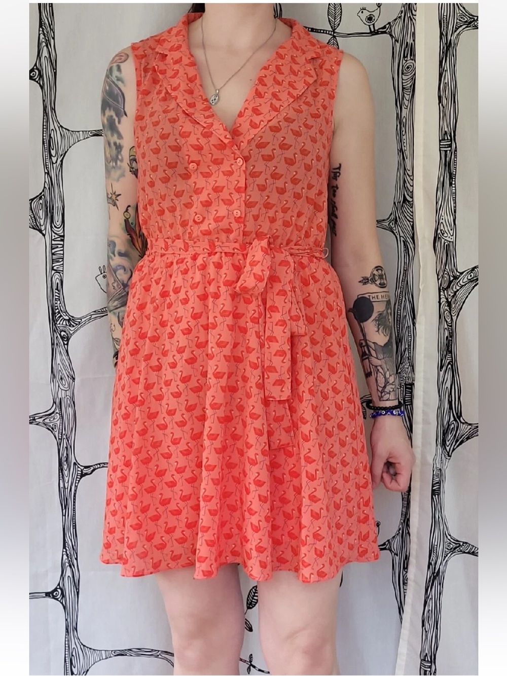 NWOT Cooperative Sleeveless Orange Flamingo Print Tie-Waist Dress, Size Small